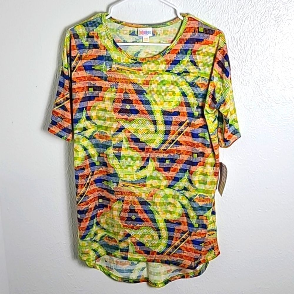 LulaRoe High-Low Irma Top, Yellow, Blue & Orange, Fabric Stripes, Size XXS, NWT - Picture 1 of 7